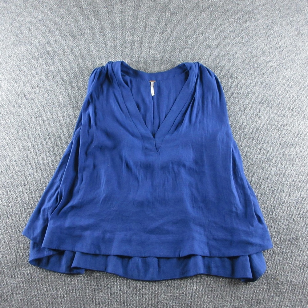 Free People Blouse Womens XS Blue Sleeveless V Neck Pleated Tunic Top Boho